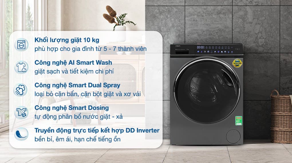Ảnh Máy giặt Aqua Inverter 10 kg AQD-DDW1000J BK