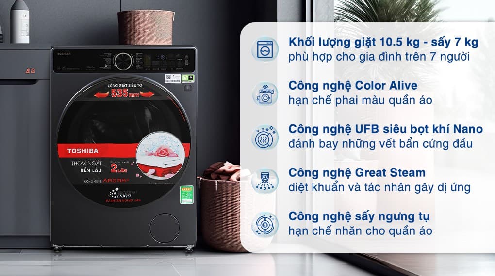 Ảnh Máy giặt sấy Toshiba Inverter giặt 10.5 kg - sấy 7 kg TWD-T25BZU115MWV(MG)