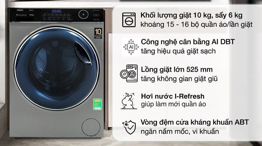 Ảnh Máy giặt sấy Aqua Inverter giặt 10 kg - sấy 6 kg AQD-AH1000G.PS