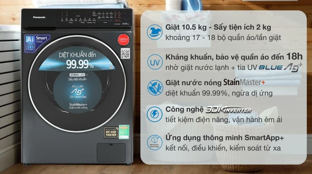 Ảnh Máy giặt Panasonic Inverter giặt 10.5 kg - sấy tiện ích 2 kg NA-V105FR1BV