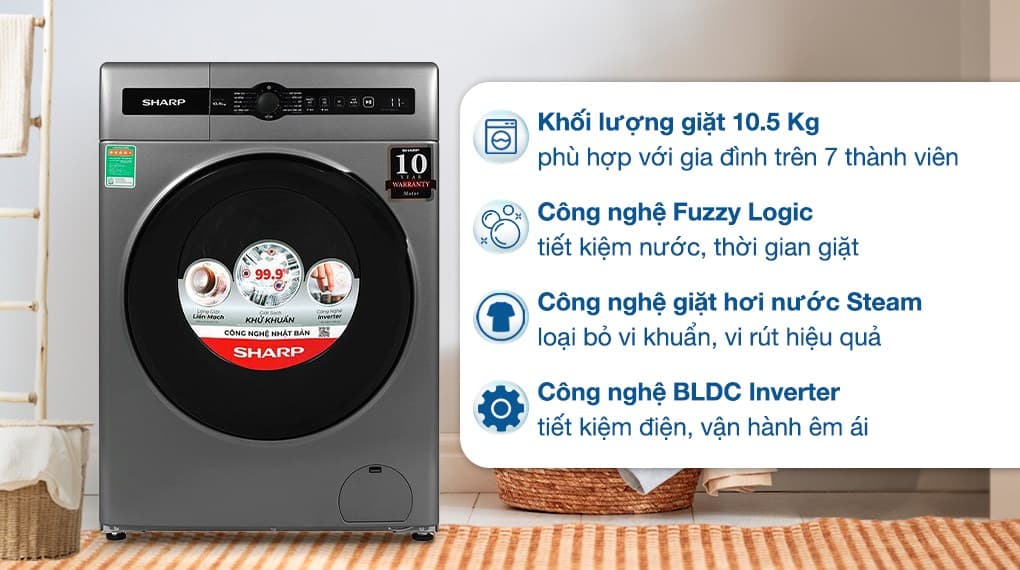 Ảnh Máy giặt Sharp Inverter 10.5 kg ES-FH105BV-B