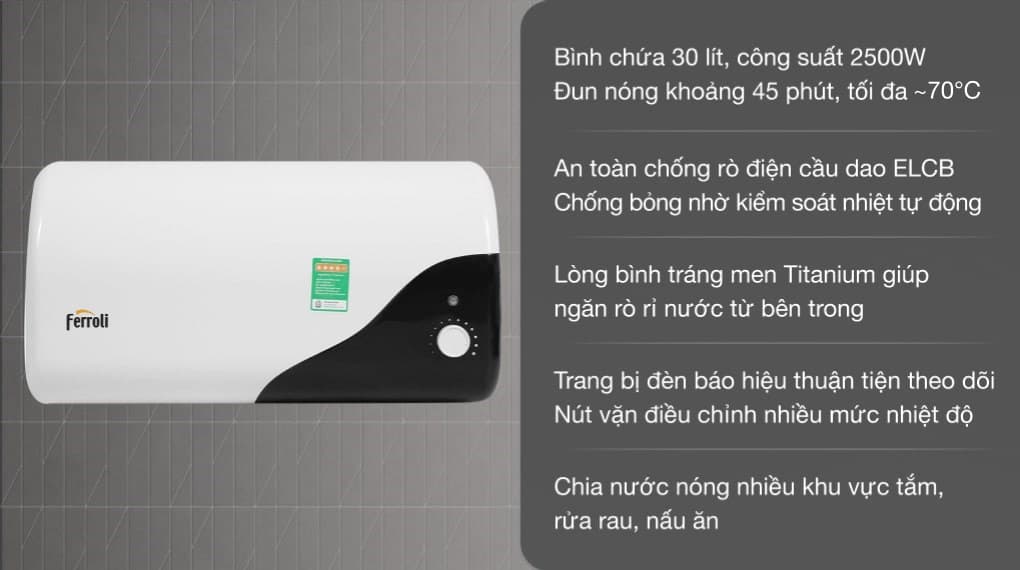 Ảnh Máy nước nóng gián tiếp Ferroli 30 lít 2500W MIDO-DE