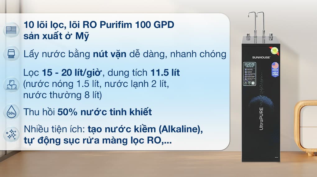 Ảnh Máy lọc nước RO nóng nguội lạnh Sunhouse UltraPURE SHA76622KL 10 lõi