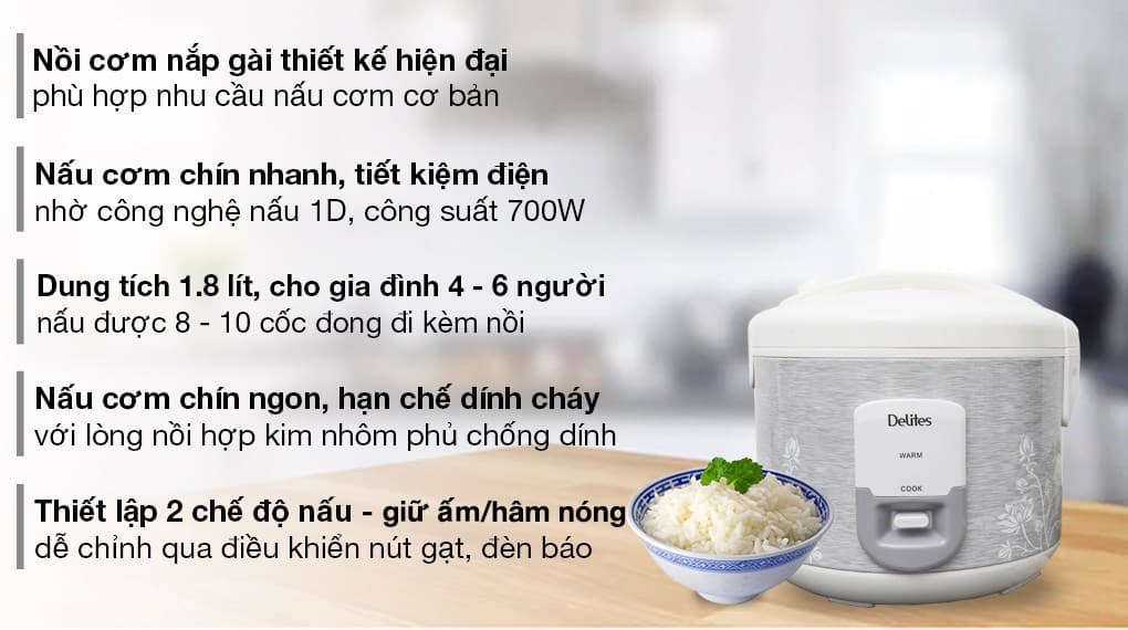 Ảnh Nồi cơm nắp gài Delites 1.8 lít NCG1805
