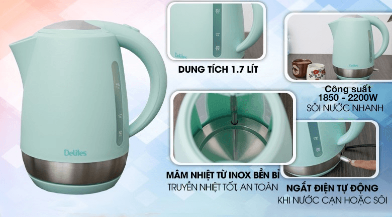 Ảnh Bình đun siêu tốc Delites 1.7 lít ST17P03 Xanh
