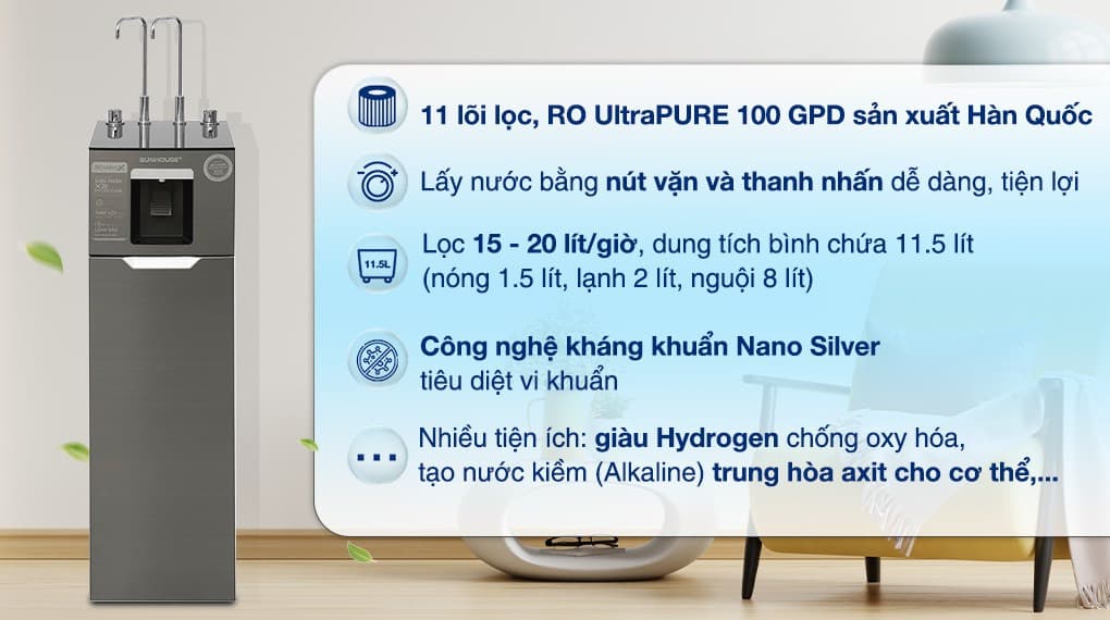 Ảnh Máy lọc nước RO nóng nguội lạnh Hydrogen Sunhouse UltraX SHA76668SH 11 lõi