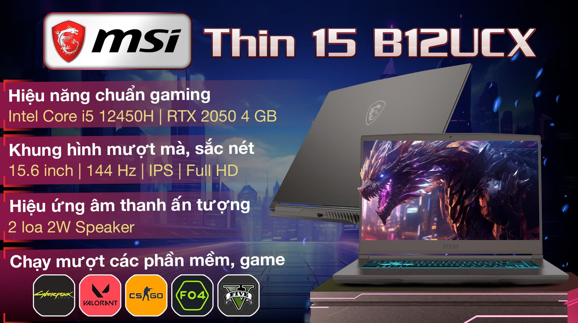 Ảnh Laptop MSI Gaming Thin 15 B12UCX i5 12450H/16GB/512GB/4GB RTX2050/144Hz/Balo/Win11 (2046VN)