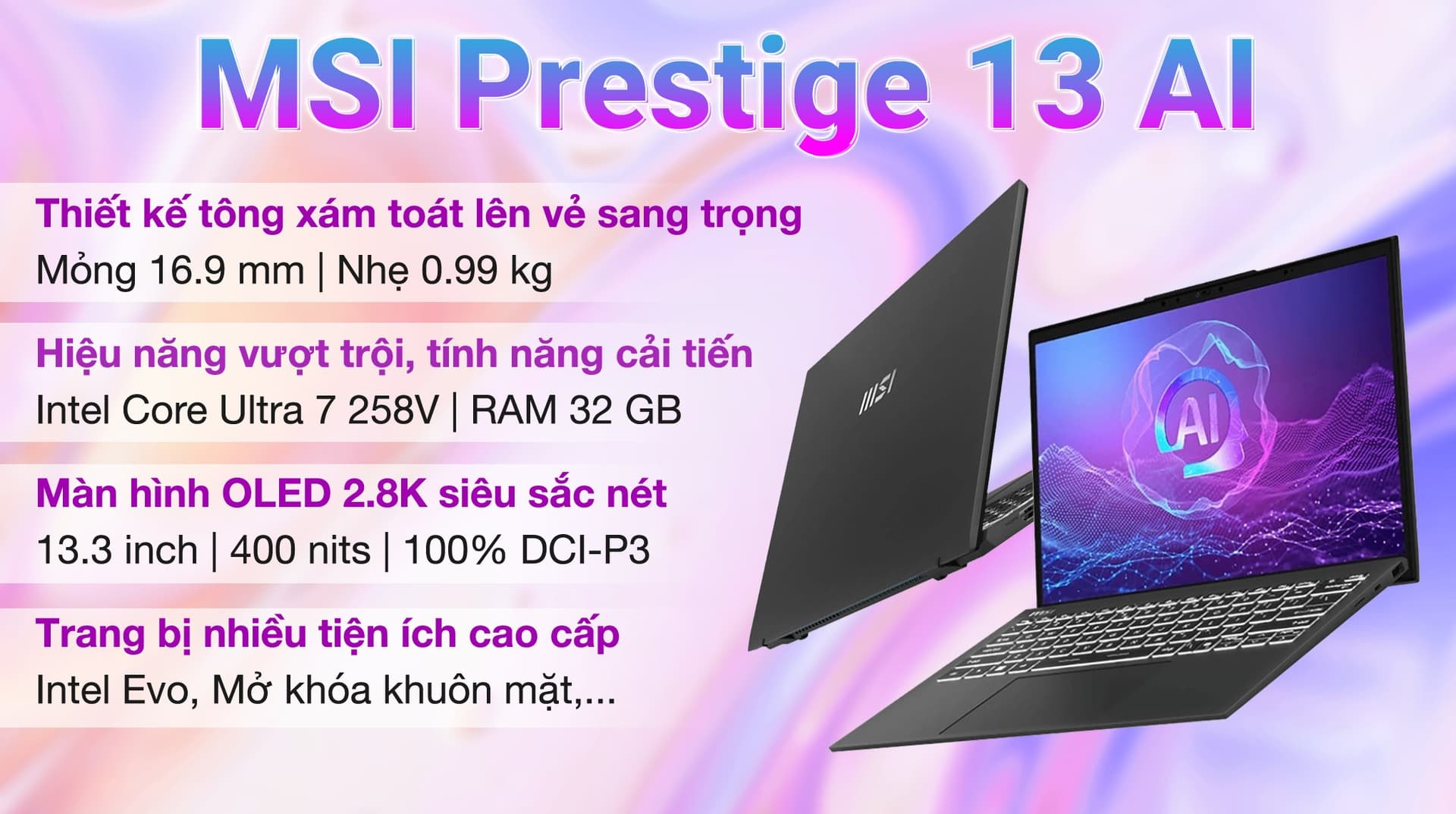Ảnh Laptop MSI Prestige 13 AI+ A2VMG Ultra 7 258V/32GB/1TB/Balo/Win11 (040VN)