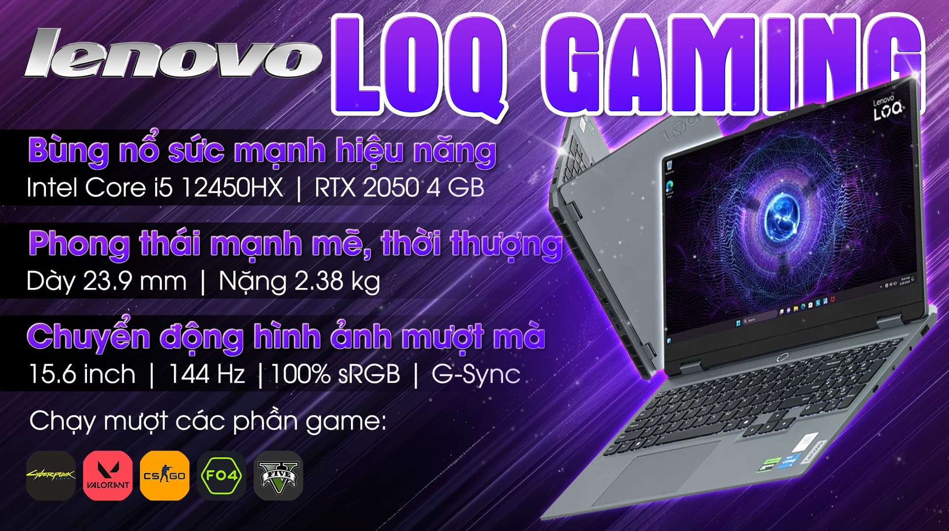 Ảnh Laptop Lenovo Gaming LOQ 15IAX9 i5 12450HX/24GB/512GB/4GB RTX2050/144Hz/Win11 (83GS00DBVN)