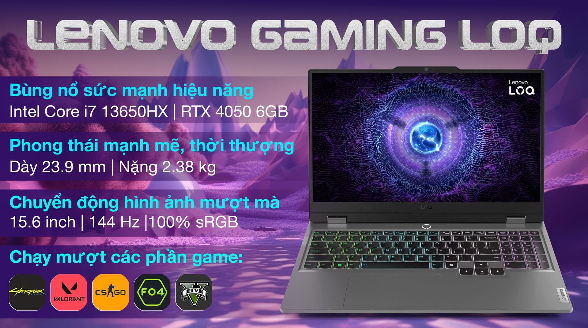 Ảnh Laptop Lenovo Gaming LOQ 15IRX9 i7 13650HX/24GB/512GB/6GB RTX4050/144Hz/Win11 (83DV00UGVN)