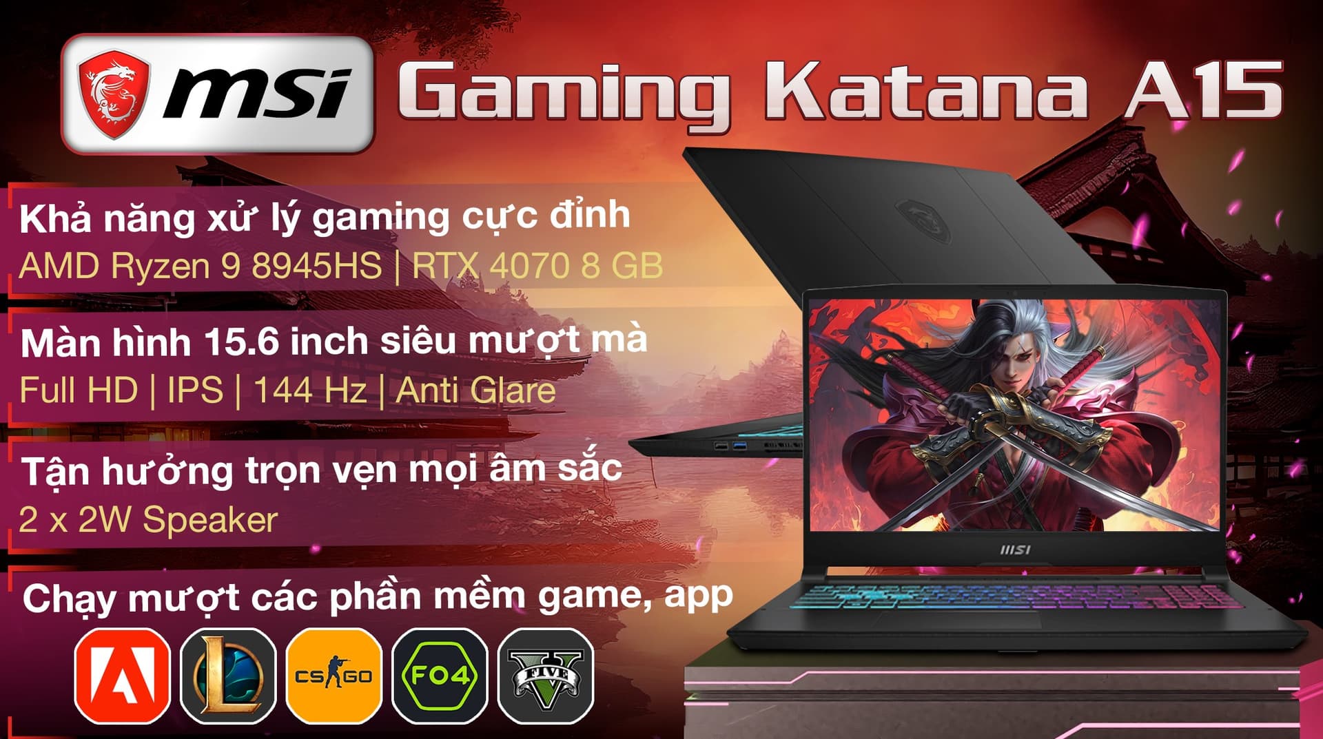 Ảnh Laptop MSI Gaming Katana A15 AI B8VG R9 8945HS/16GB/1TB/8GB RTX4070/144Hz/Balo/Lót chuột/Chuột/Win11 (466VN)
