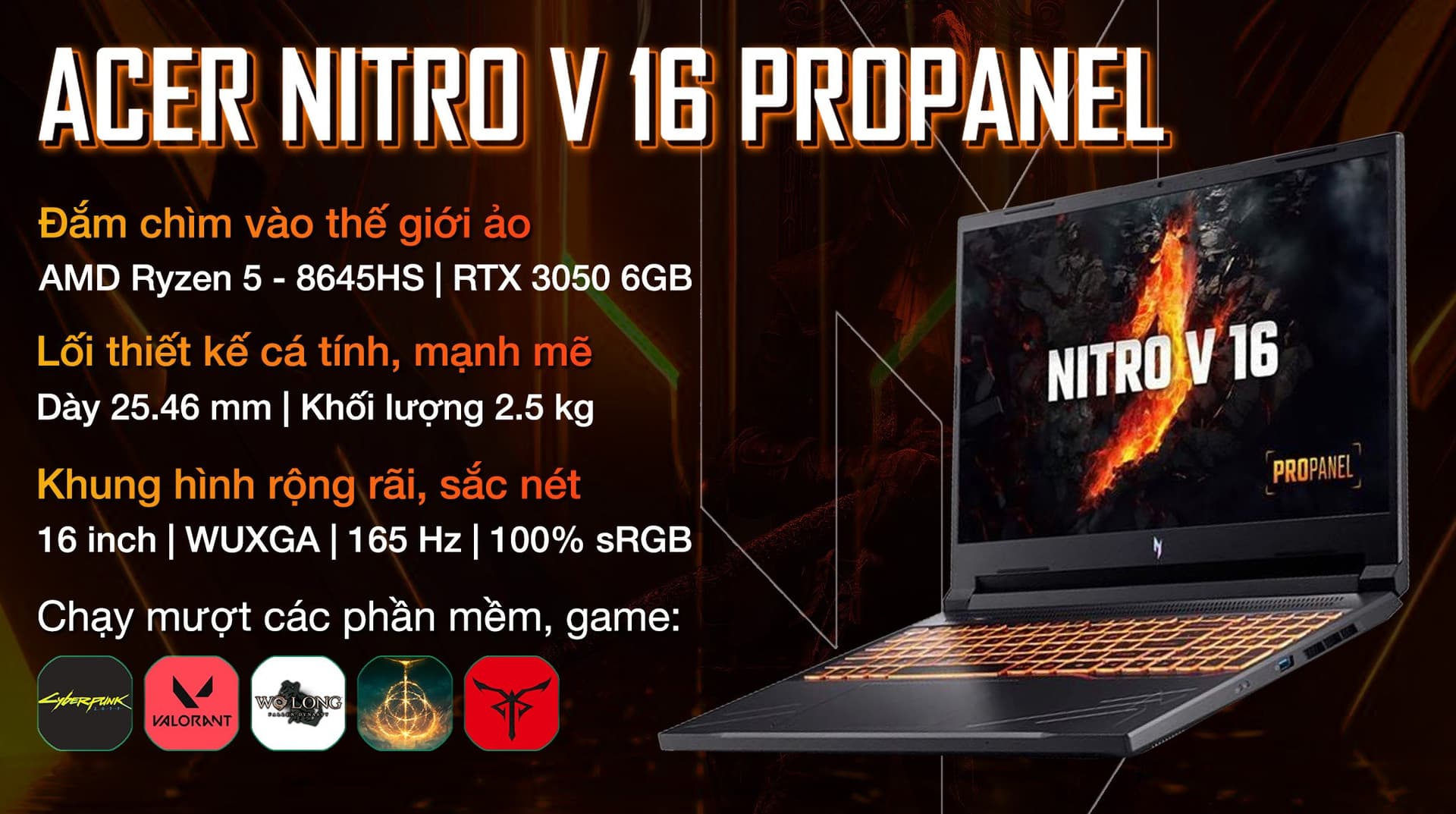 Ảnh Laptop Acer Nitro V 16 ProPanel ANV16 41 R6ZY R5 8645HS/16GB/512GB/6GB RTX3050/165Hz/Win11 (NH.QP2SV.002)