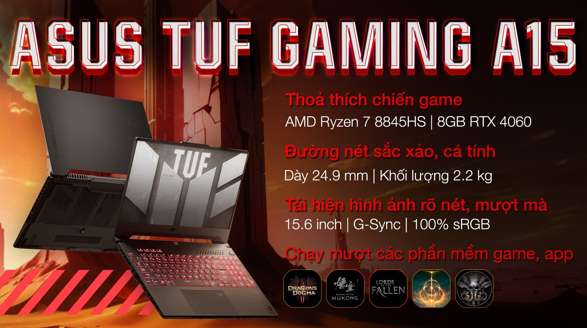 Ảnh Laptop ASUS TUF Gaming A15 FA507UV R7 8845HS/16GB/512GB/8GB RTX4060/144Hz/Win11 (LP142W)