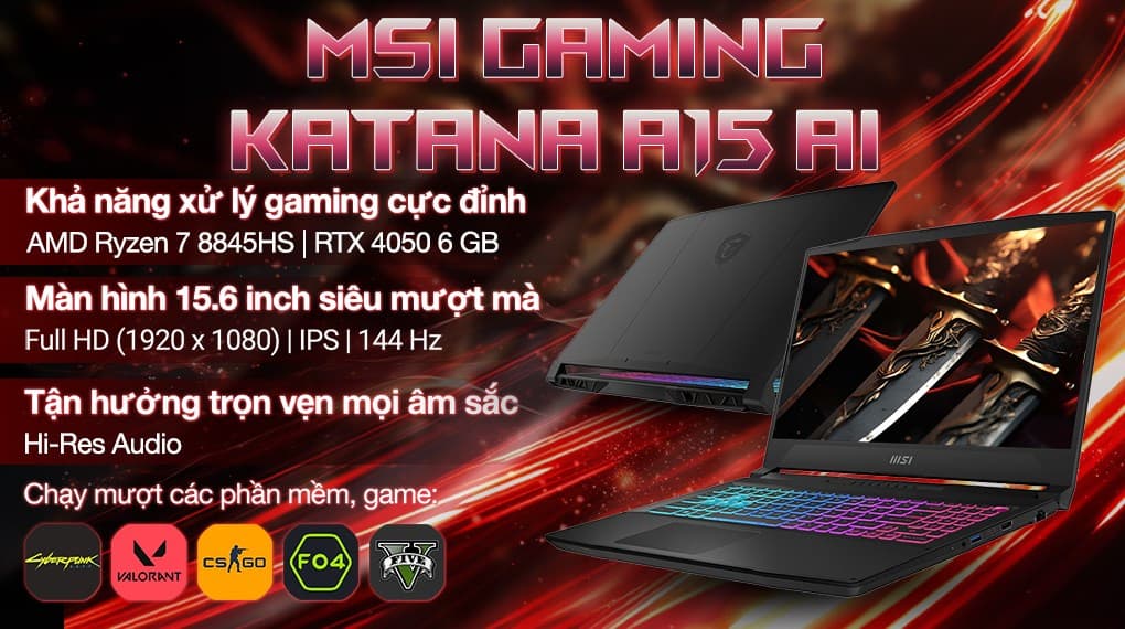 Ảnh Laptop MSI Gaming Katana A15 AI B8VE R7 8845HS/16GB/512GB/6GB RTX4050/144Hz/Balo/Win11 (402VN)