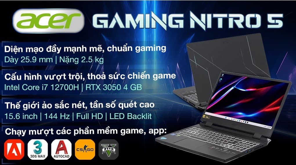 Ảnh Laptop Acer Gaming Nitro 5 Tiger AN515 58 769J i7 12700H/8GB/512GB/4GB RTX3050/144Hz/Win11 (NH.QFHSV.003)