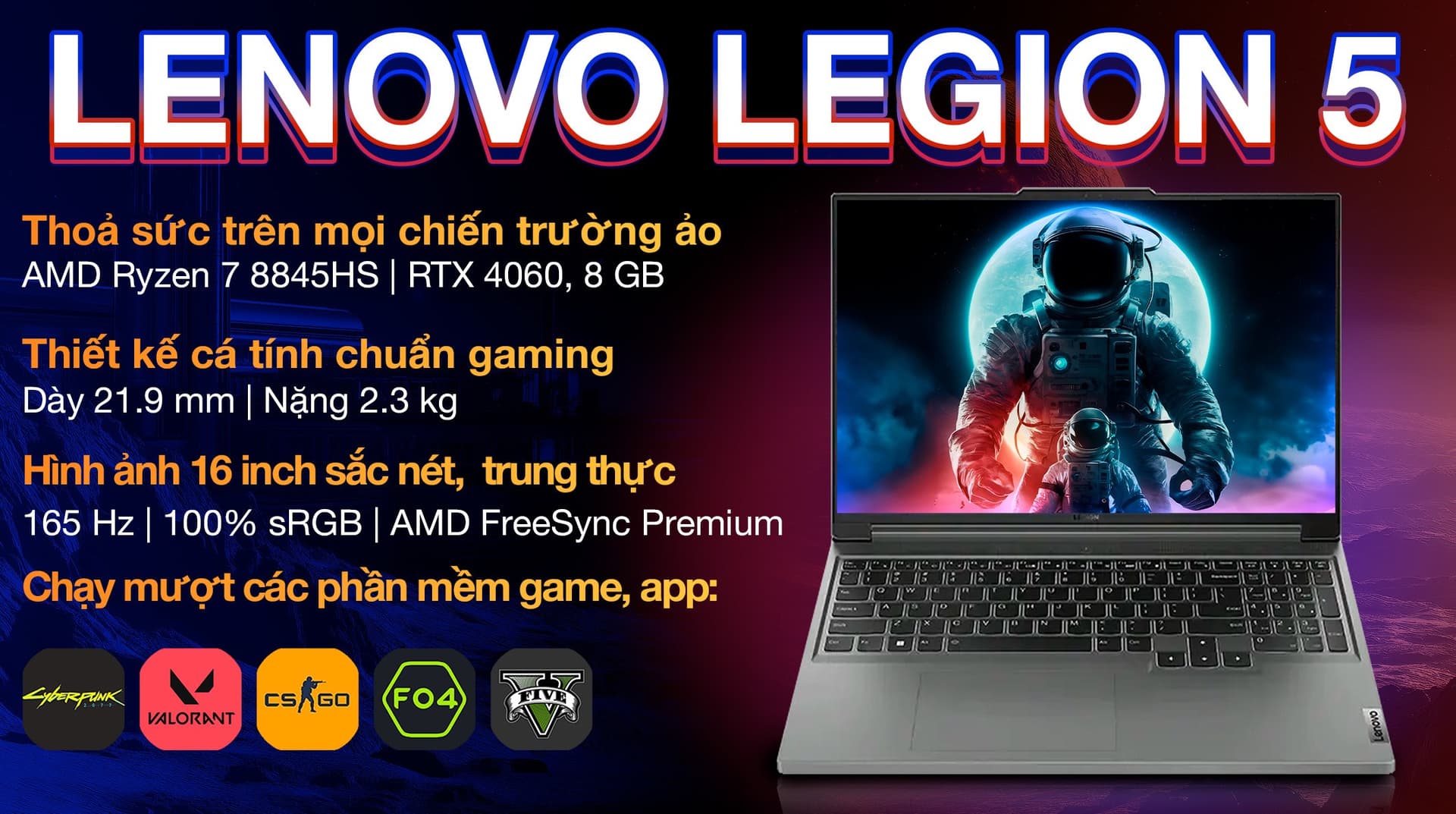 Ảnh Laptop Lenovo Gaming Legion Slim 5 16AHP9 R7 8845HS/32GB/1TB/8GB RTX4060/165Hz/Win11 (83DH003BVN)