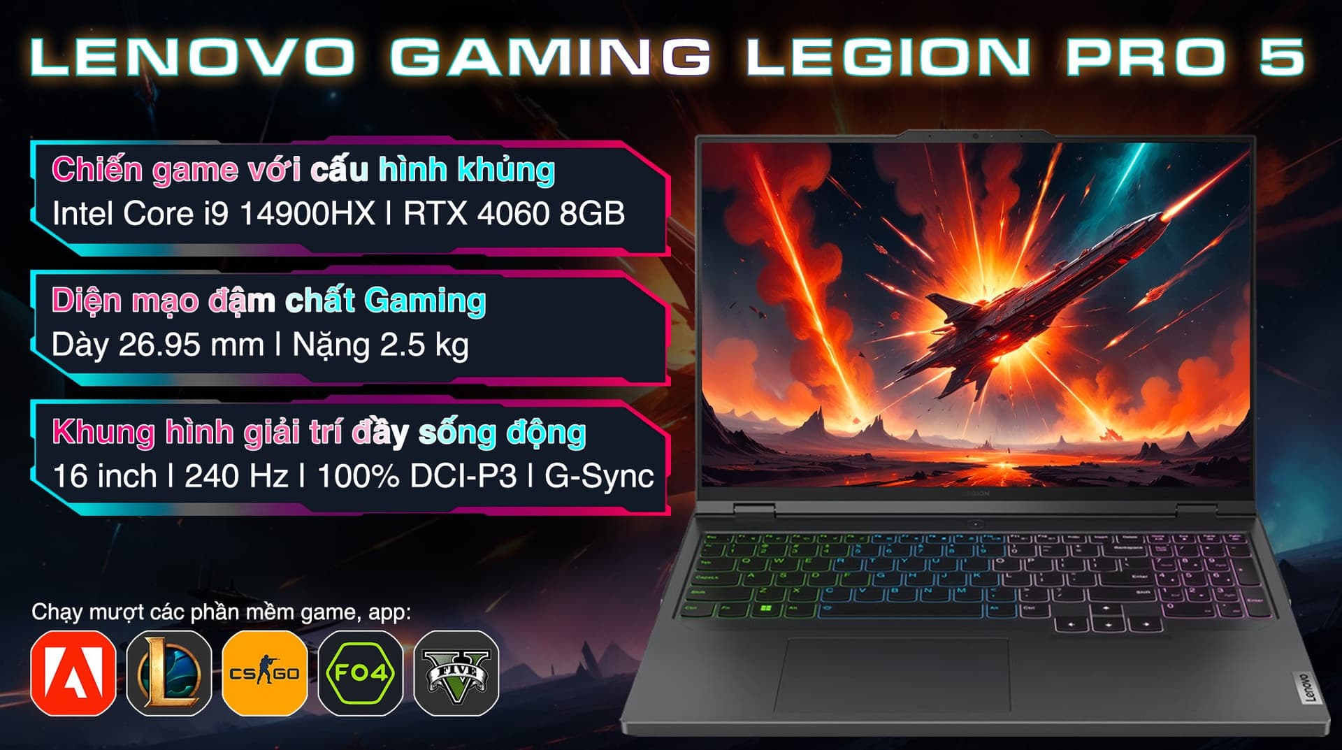 Ảnh Laptop Lenovo Gaming Legion Pro 5 16IRX9 i9 14900HX/32GB/1TB/8GB RTX4060/240Hz/Win11 (83DF0047VN)