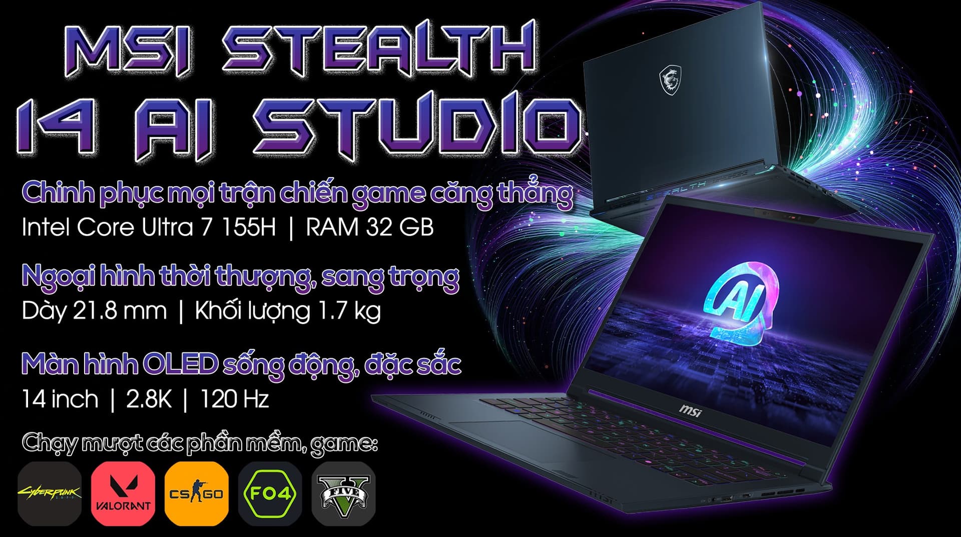 Ảnh Laptop MSI Gaming Stealth 14 AI Studio A1VFG Ultra 7 155H/32GB/1TB/8GB RTX4060/120Hz/Balo/Tai nghe/Móc chìa khóa/Chuột/Lót chuột/Win11 (085VN)