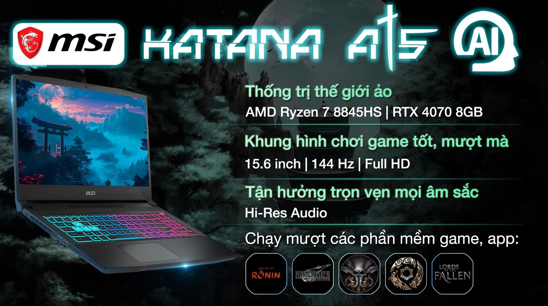 Ảnh Laptop MSI Gaming Katana A15 AI B8VG R7 8845HS/16GB/1TB/8GB RTX4070/144Hz/Balo/Chuột/Bàn di/Win11 (465VN)