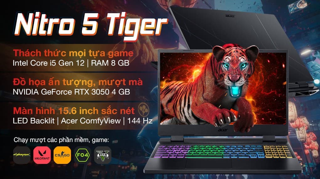 Ảnh Laptop Acer Gaming Nitro 5 Tiger AN515 58 52SP i5 12500H/8GB/512GB/4GB RTX3050/144Hz/Win11 (NH.QFHSV.001)