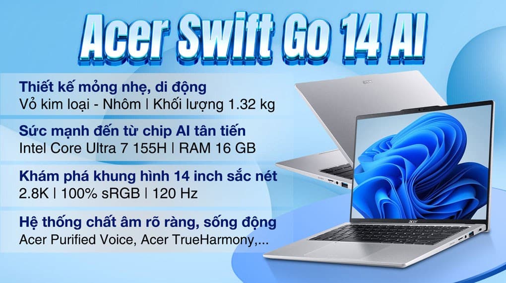 Ảnh Laptop Acer Swift Go 14 AI SFG14 73 71ZX Ultra 7 155H/16GB/512GB/Win11 (NX.KSLSV.002)