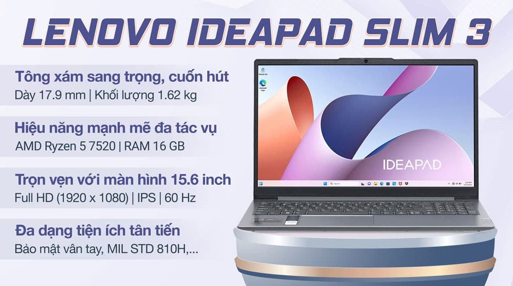 Ảnh Laptop Lenovo Ideapad Slim 3 15AMN8 R5 7520U/16GB/512GB/Win11 (82XQ00J0VN)