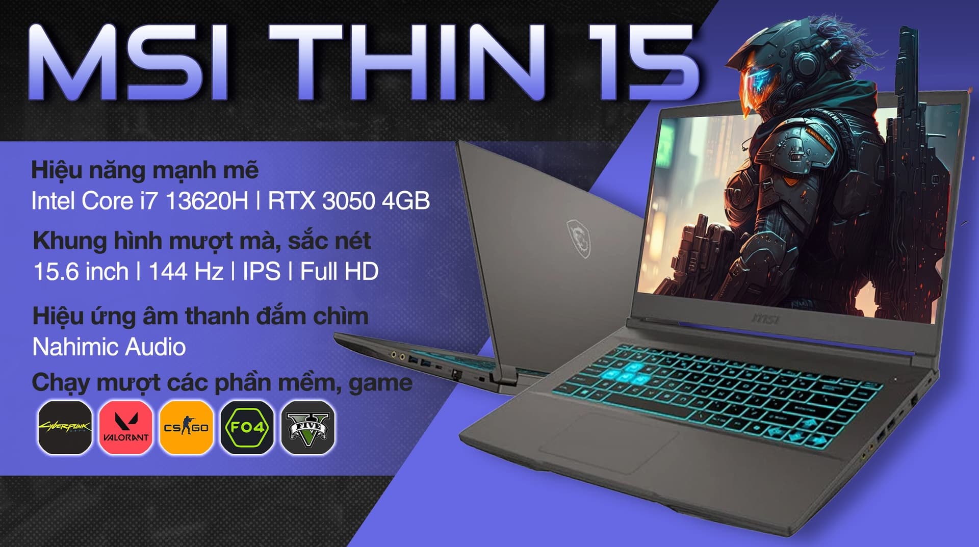 Ảnh Laptop MSI Thin 15 B13UC i7 13620H/32GB/512GB/4GB RTX3050/144Hz/Balo/Win11 (1411VN)