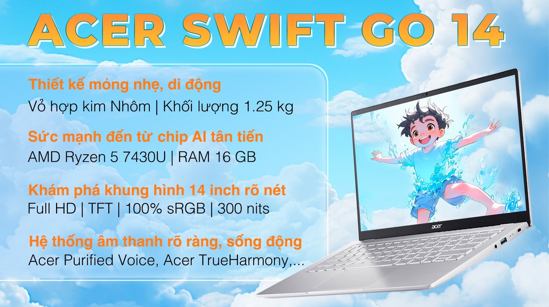 Ảnh Laptop Acer Swift Go 14 41 R251 R5 7430U/16GB/1TB/Win11 (NX.KG3SV.005)