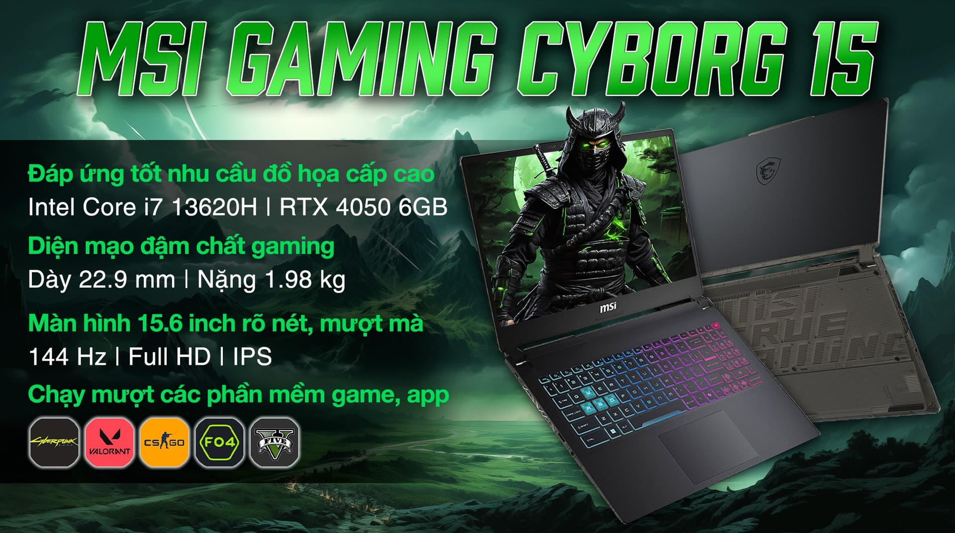 Ảnh Laptop MSI Gaming Cyborg 15 A13VEK i7 13620H/16GB/512GB/6GB RTX4050/144Hz/Balo/Win11 (1423VN)