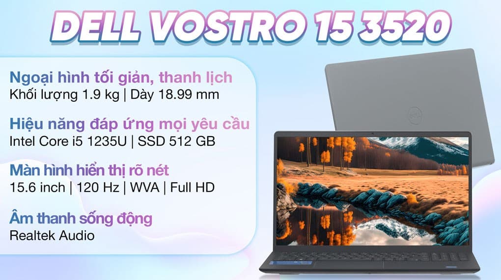 Ảnh Laptop Dell Vostro 15 3520 i5 1235U/16GB/512GB/120Hz/OfficeHS/KYHD/Win11 (i5U165W11GRU)