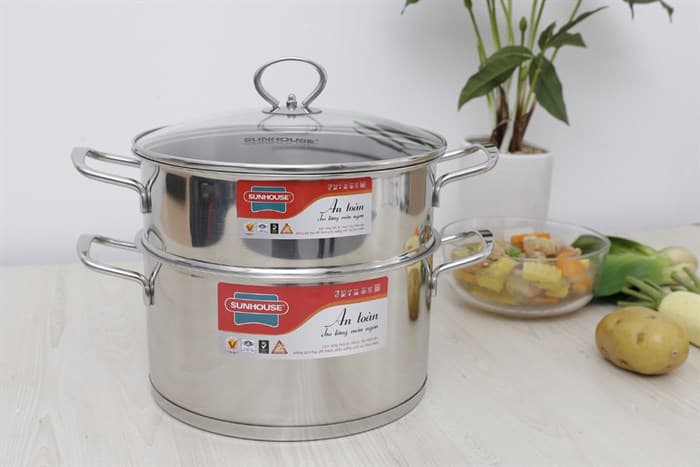 Ảnh Bộ nồi xửng inox 5 đáy nắp kính 24 cm Sunhouse SSP25124