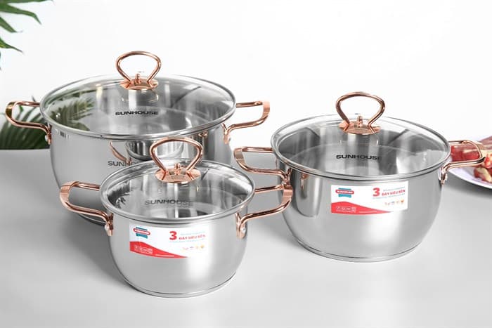 Ảnh Bộ 3 nồi inox 3 đáy nắp kính Sunhouse SHG306