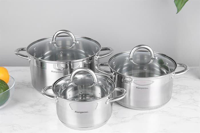 Ảnh Bộ 3 nồi inox 5 đáy nắp kính Kangaroo KG876