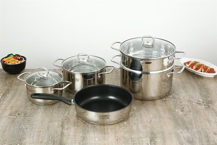 Ảnh Bộ nồi chảo inox 5 đáy nắp kính Green Cook GCS241-T1