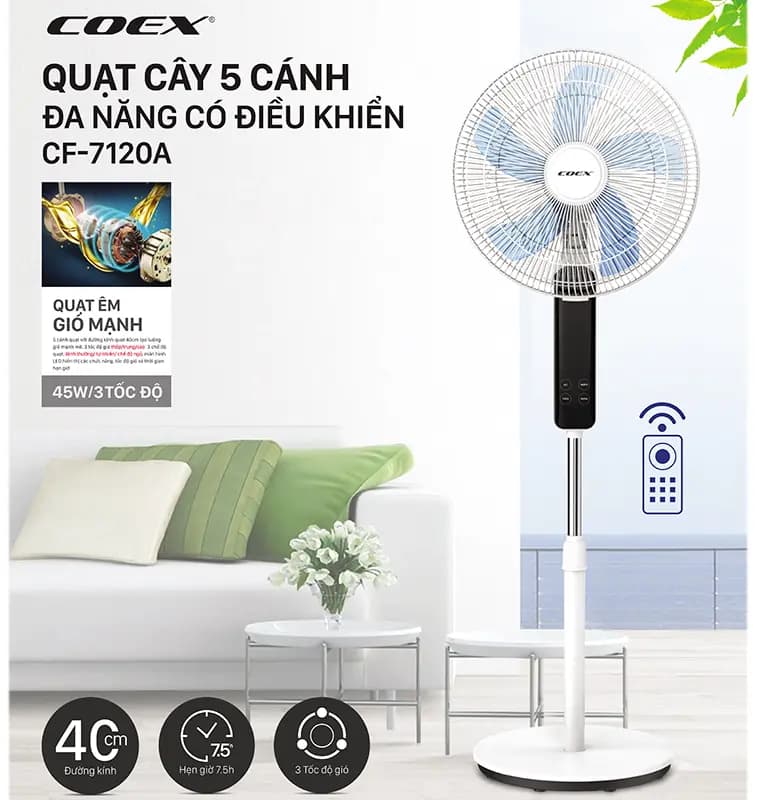 Ảnh Quạt cây 5 cánh Coex CF-7120A (Màu trắng đen, Điều khiển từ xa)