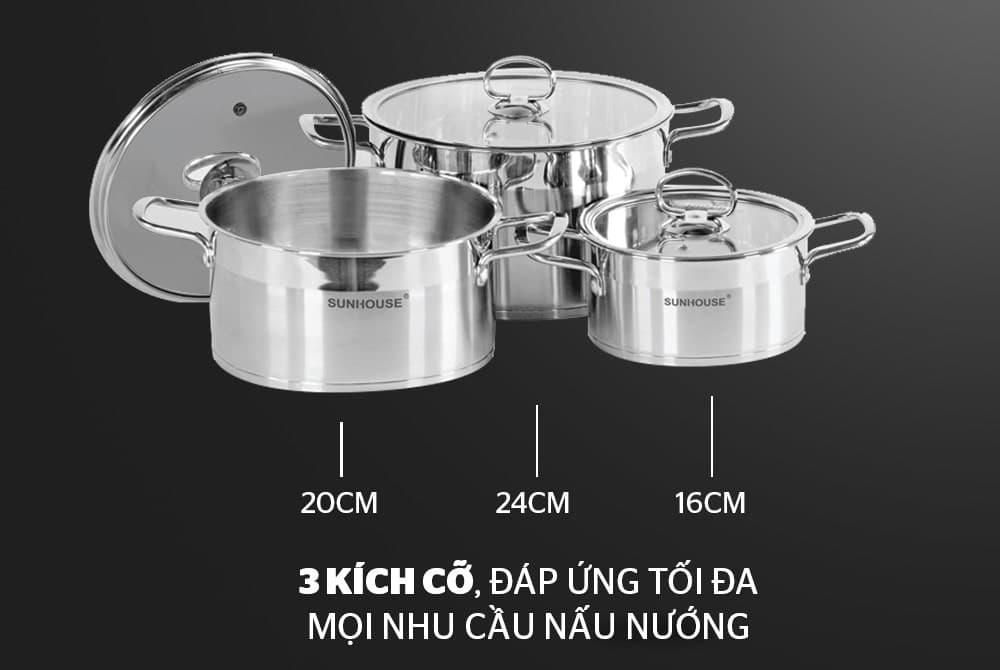 Ảnh Bộ nồi Inox 5 đáy Sunhouse Mama SH784 (16 - 20 - 24cm)