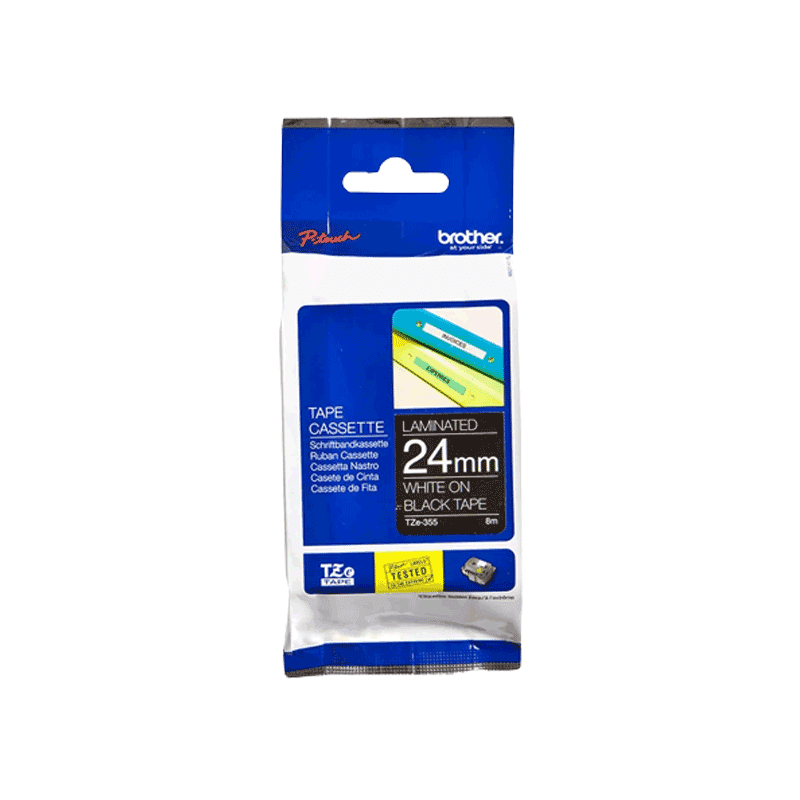 Ảnh Nhãn In Tiêu Chuẩn TZE Brother TZe-355 Chữ Trắng Trên Nền Đen (24mm)-White on Black