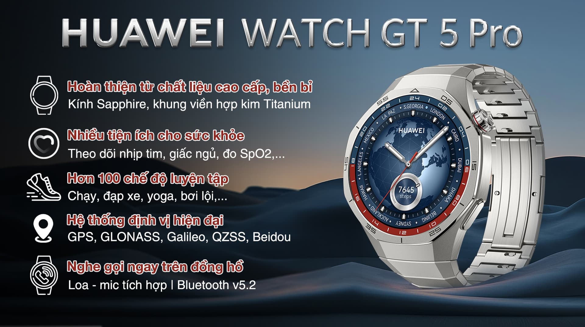 Ảnh Đồng hồ thông minh Huawei Watch GT 5 Pro 46mm viền Titanium dây Titanium