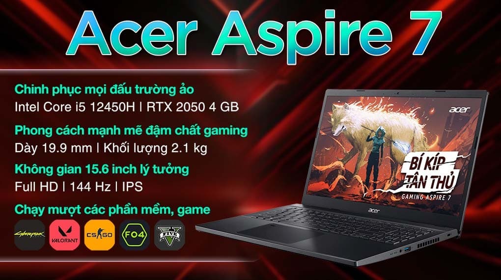 Ảnh Laptop Acer Gaming Aspire 7 A715 76G 59MW i5 12450H/8GB/512GB/4GB RTX2050/144Hz/Win11 (NH.QMYSV.001)