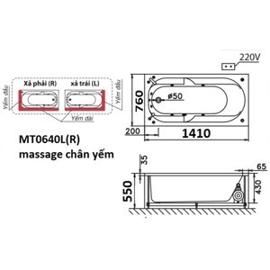 Ảnh Bồn tắm nằm Massage Caesar MT0640L(R) - có chân có yếm