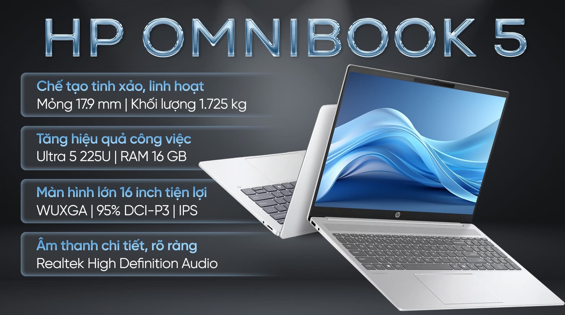 Ảnh Laptop HP OmniBook 5 AI 16 af1048TU - BZ7Q9PA (Ultra 5 225U, 16GB, 512GB, WUXGA, OfficeH24, Win11)