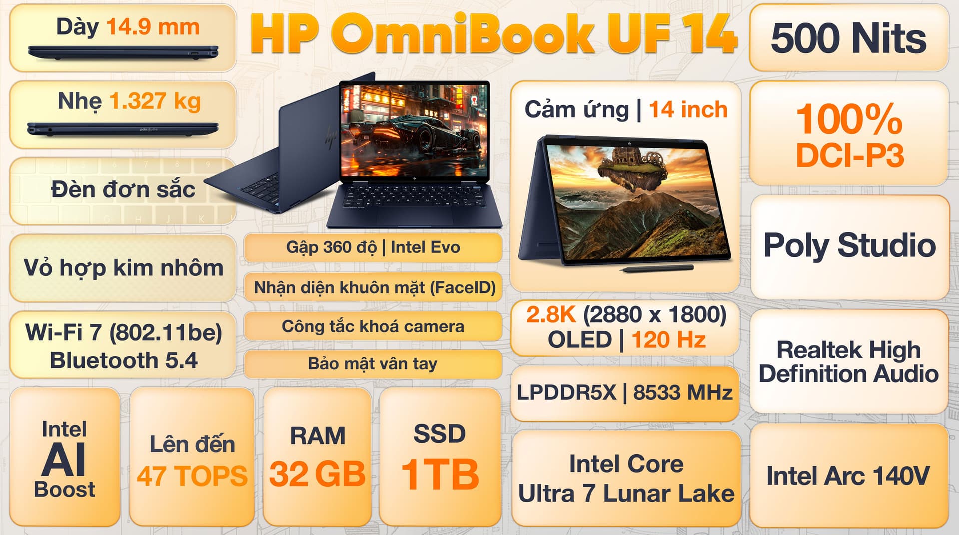 Ảnh Laptop HP OmniBook UF 14 fh0097TU - BZ7S3PA (Ultra 7 258V, 32GB, 1TB, 2.8K OLED 120Hz, Cảm ứng, OfficeH24, Win11)